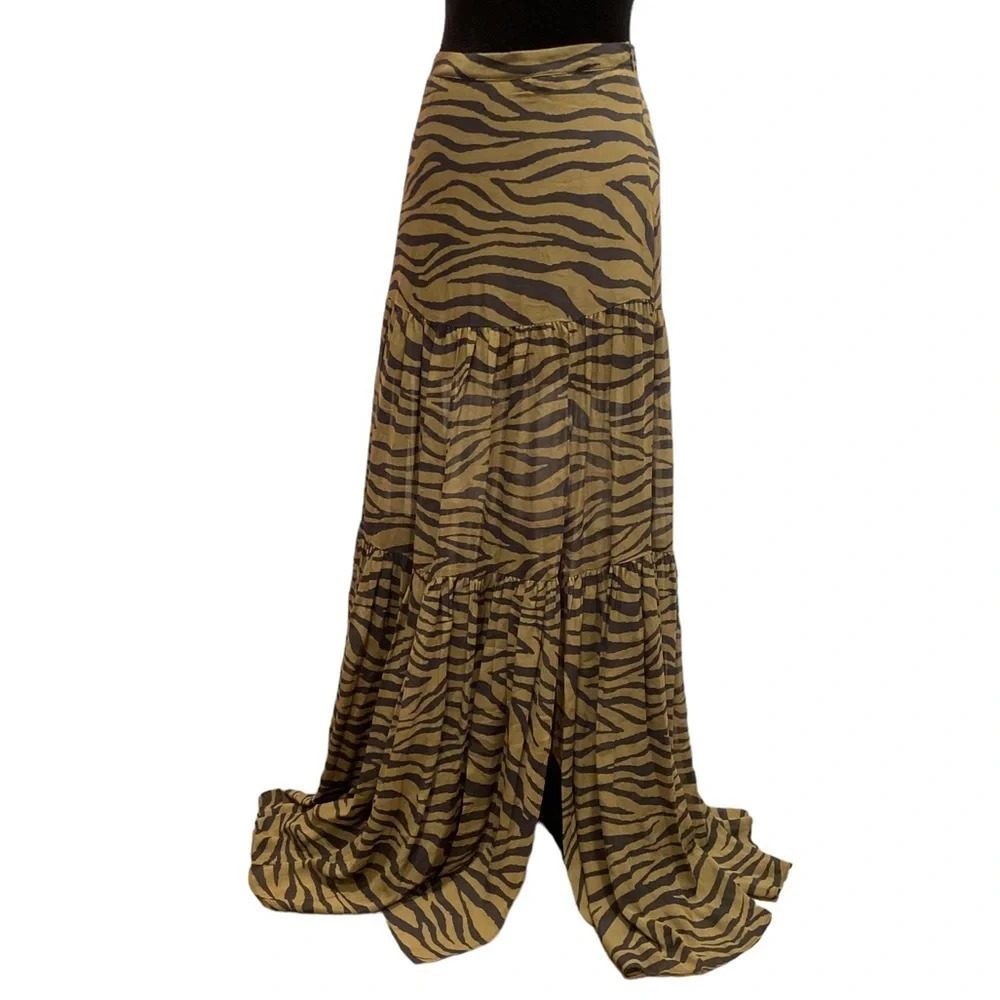 Veronica Beard Olive Green Serence Zebra Silk Maxi Thigh High Slit Skirt - Picture 6 of 12